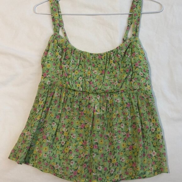 Milk Shop Lime Green Floral Spaghetti Strap Babydoll Summer Top Small - Picture 7 of 13